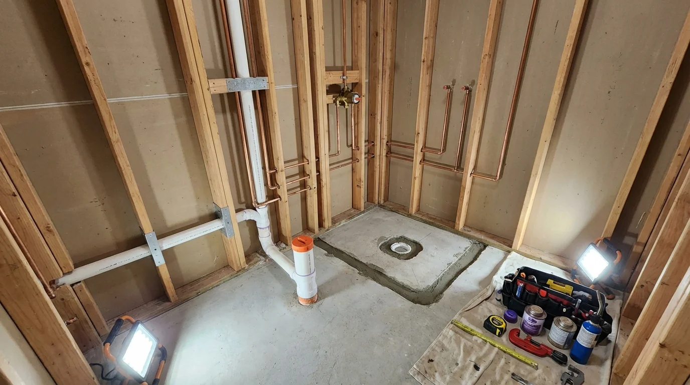 Bathroom rough-in plumbing during remodel by Johns Plumbing LLC in Eaton