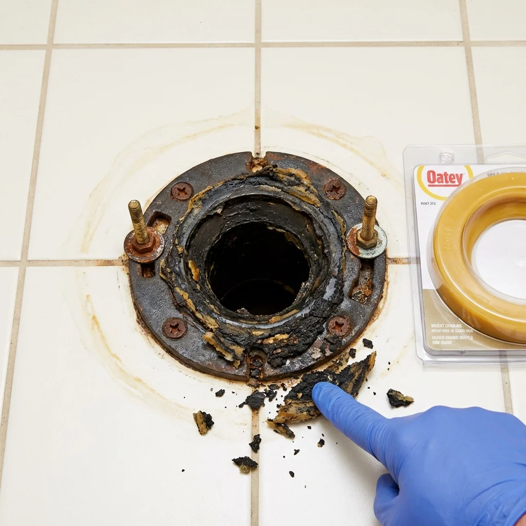 Failed wax ring showing water seepage at the base of a toilet in a Eaton, CO home