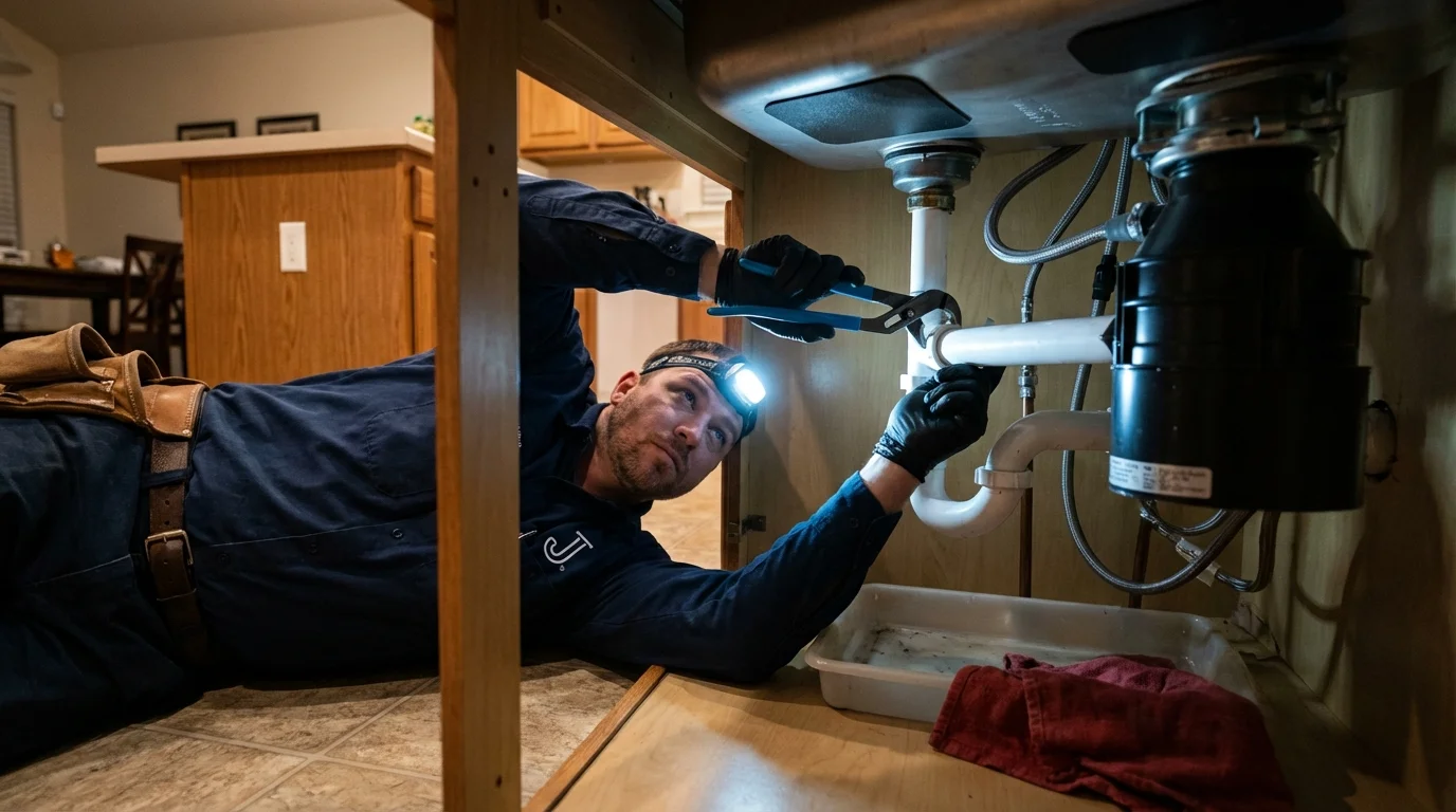 P-trap and supply line connections under a kitchen sink showing a common leak point in Eaton, CO